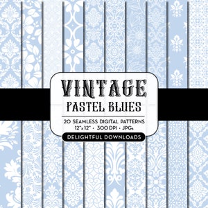 Papel digital floral azul "20 VINTAGE PASTEL BLUES" con 20 papeles digitales damasco florales azules para scrapbooking, tarjetas, impresiones.