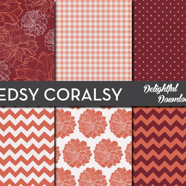 Digital Paper "REDSY CORALSY"  floral, polka dot and chevron background designs in coral and dark red for scrapbooking, cards, prints