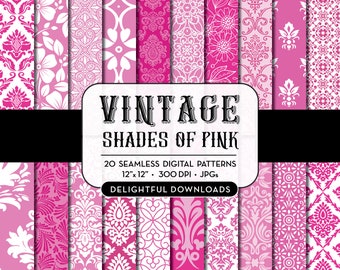 Pink Floral Digital Paper "20 VINTAGE PINKS" with 20 pink floral damask digital papers for scrapbooking, cards, prints.