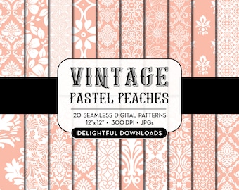 Könnte beinhalten: Eine Sammlung von 20 nahtlosen digitalen Mustern in Pfirsich und Weiß, mit floralen und Damast-Designs. Die Muster sind 30,48 cm x 30,48 cm und 300 DPI. Der Text "VINTAGE PASTEL PEACHES" ist enthalten.