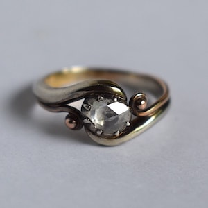 ANTIQUE Rose Cut DIAMOND Ring - Two Tone 14k White and Rose Gold Pie Crust and Bypass Setting c. 1900