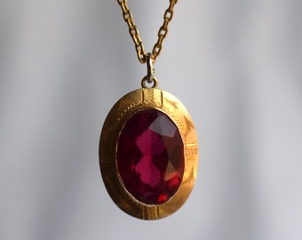 Antique Bright Red Pendant in 10k Yellow Gold Etched Setting Ruby Paste?