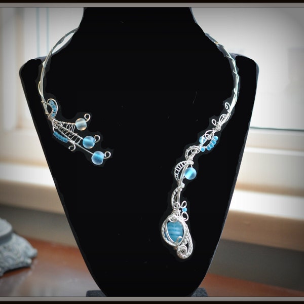 Sale! Spring Skys Torc collar/bridal choker/summer jewelry/silver and blue wedding/elven torc/wire woven collar