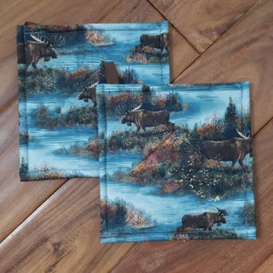 May include: Two blue and brown quilted pot holders with a moose and lake design.