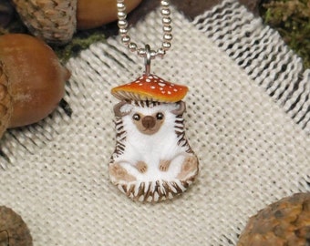 Hedgehog Mushroom Pendant Necklace Charm Hedgehogs Amanita Mushrooms Jewelry Gift