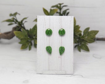 Green Leaf stud earrings plants botanical jewelry