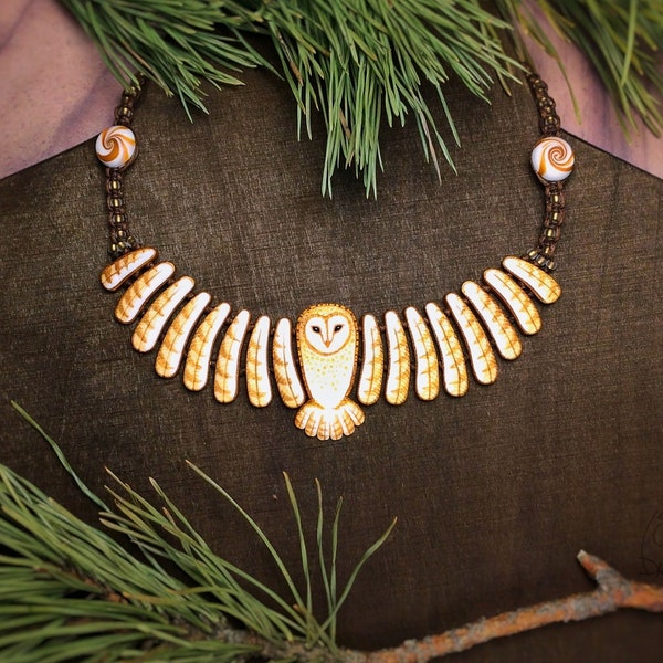 Barn Owl Handmade Necklace Golden White Wings Feathers Bird Gift for Owls Lover