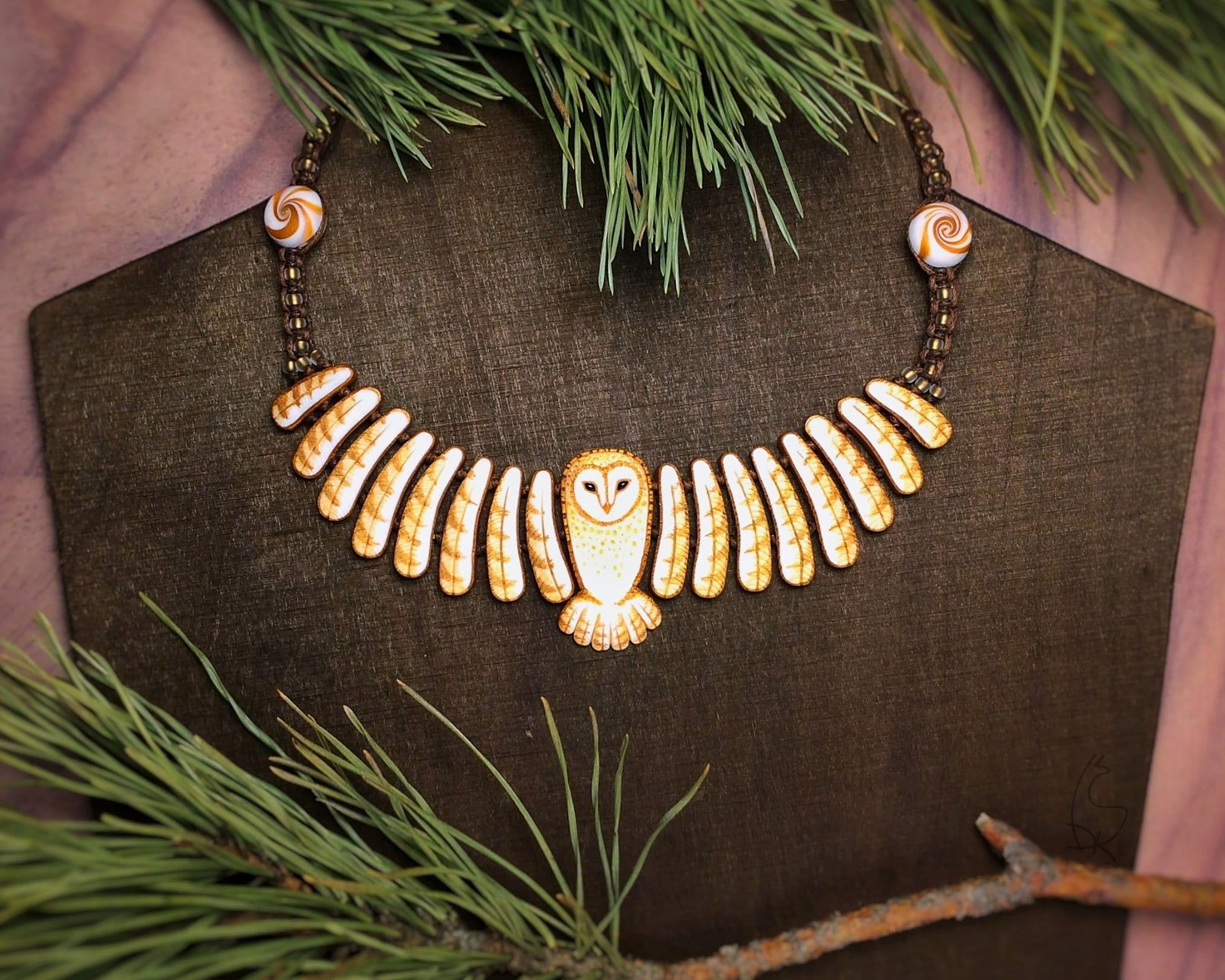Barn Owl Handmade Necklace Golden White Wings Feathers Bird Gift for Owls Lover