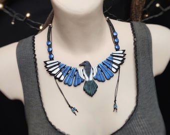 Magpie Necklace Green Blue Wings Jewelry Pica Pica Gift