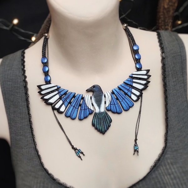 Magpie Necklace Green Blue Wings Jewelry Pica Pica Gift