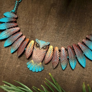 Owl Necklace Leaf Forest Birds Wings Colorful Feathers Gift image 2