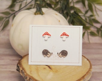 Hedgehog Mushroom stud Earrings Autumn Hedgehogs Mushrooms Amanita Jewelry Gift