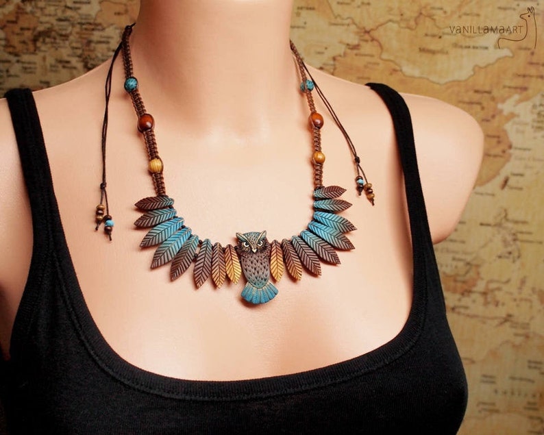 Owl Necklace Leaf Forest Birds Wings Colorful Feathers Gift image 1