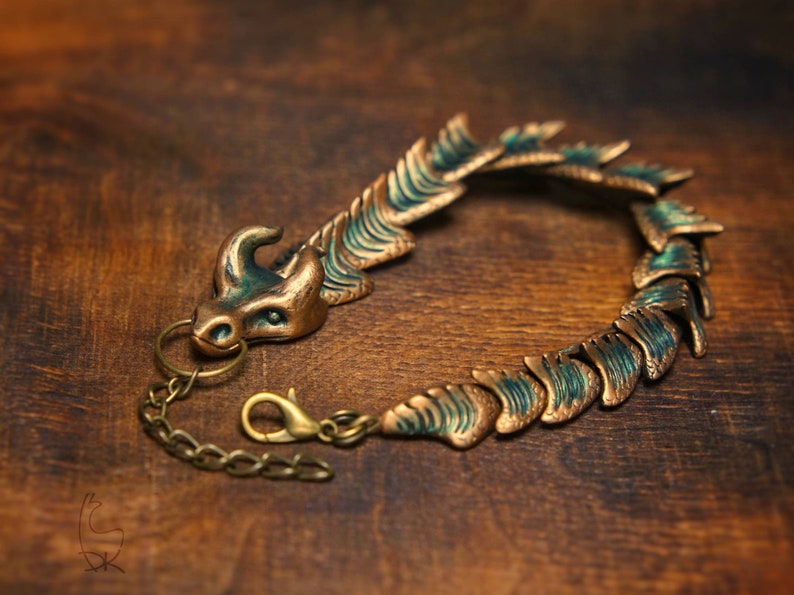 Dragon Bracelet Fantasy Jewelry Fantastic Dragons Gift Bronze - green