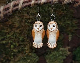Hand-sculpted Barn Owl Earrings • Polymer Clay Bird Jewelry, Surgical Steel Hooks