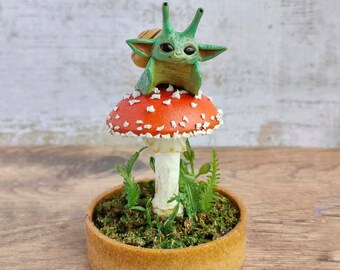 Green Cosmic Snail on a red Mushroom handmade ooak Sculpture Fantasy Figurine