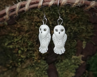 Hand-sculpted Snowy Owl Earrings • Polymer Clay Bird Jewelry, Surgical Steel Hooks