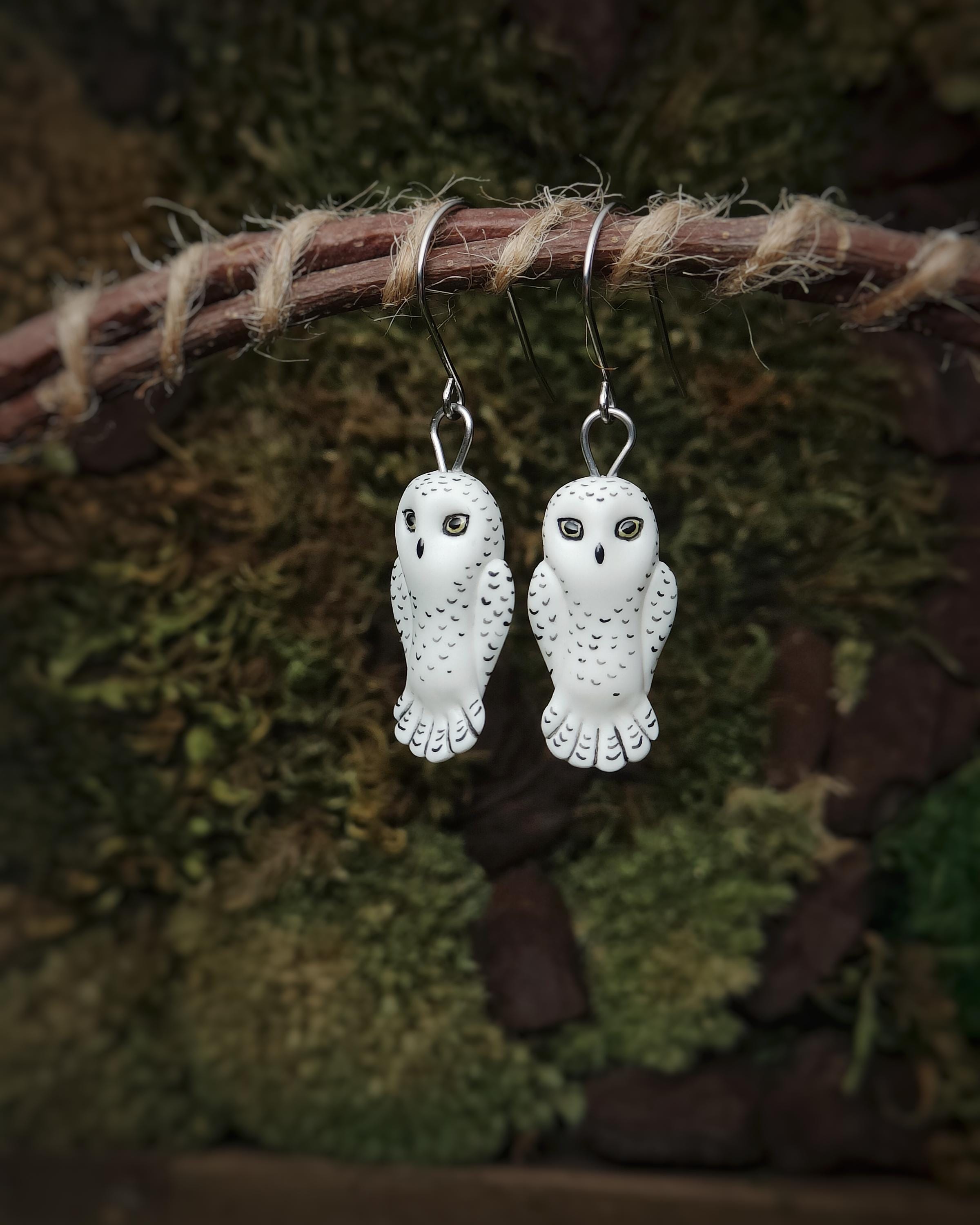 Snowy Owl Earrings &bull; Handmade Owl Jewelry &bull; Polymer Clay Bird Earrings Gift