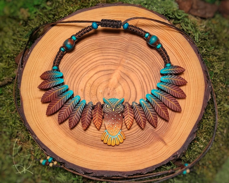 Owl Necklace Leaf Forest Birds Wings Colorful Feathers Gift image 7