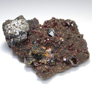 May include: A mineral specimen featuring a cluster of metallic silver-colored crystals on one side, contrasted by a dark, textured matrix embedded with numerous small, translucent deep red crystals across the surface of the rock formation.