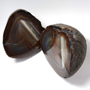 May include: Two halves of a split geode featuring concentric bands of brown, tan, and translucent white minerals. The exterior of the stone is dark, textured, and rough, while the interior surfaces are polished, smooth, and reflective.