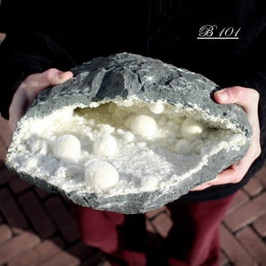 Okenite & Gyrolite Basalt Geode: Fluffy White Crystal Sphere, India