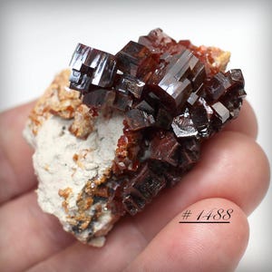 Super-Fine, DARK RED, Brilliant, Lustrous Vanadinite Crystal Cluster, on Matrix, from Mibladen, Morocco - A Miniature