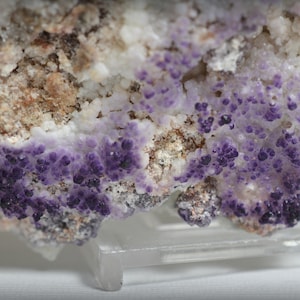 Tiny Purple FLUORITE Druse, on White Botryoidal Aragonite, Covered with Clear Gypsum, with Scattered Red and Orange Quartz Crystals - Mexico
