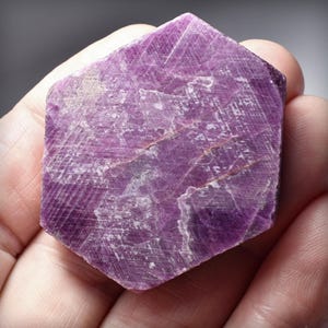 May include: A hexagonal-shaped, raw, purple gemstone with a textured surface. The gemstone is held in a hand, showcasing its natural form and color variations. The stone has a crystalline structure and is likely a mineral specimen.