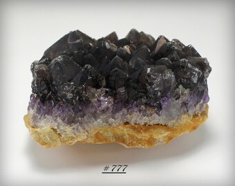 Dark Smoky Quartz Crystal Terminations on Amethyst Quartz Crystal Cluster - Madagascar