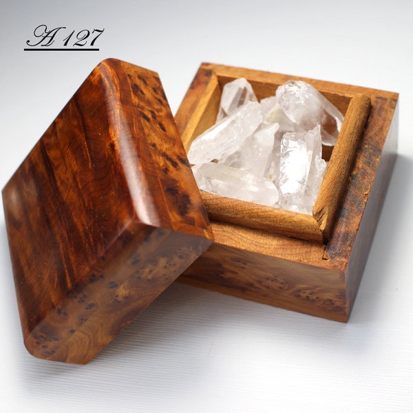 Fine and Fragrant Square Thuya Wood Box Filled with Terminated Arkansas Quartz Crystals