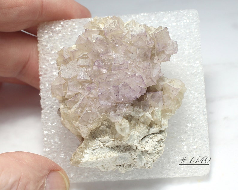 in Perky Box Display Kentucky Light-Lavender Fluorite Cubes with Barite Mineral Specimen from Danville