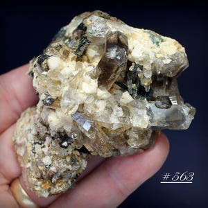 Clear Gemmy Smoky Quartz Crystals with Microcline Feldspar and Dark Green Aegirine, from the Zomba District, Malawi