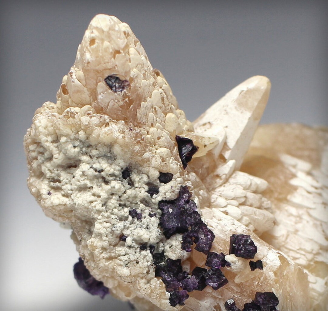 Illinois Wheatsheaf Calcite Crystals With Dark Purple Fluorite Cubes