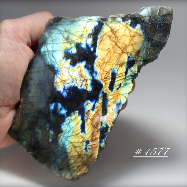 Thick, Large Face-Polished Labradorite Stone, with Deep-Blue, Blue, Yellow, and Green Schiller - Decorator Specimen - Polished Labradorite