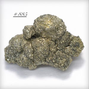 May include: A cluster of pyrite, also known as fool's gold, with a metallic, golden-yellow color. The mineral formation has a rough, textured surface and is labeled with the number "#885".