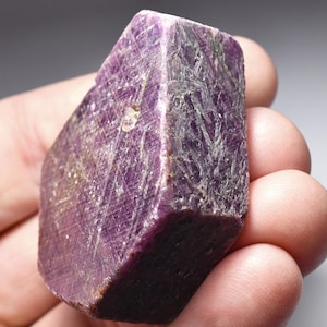 May include: A raw, uncut ruby gemstone with a deep purplish-red hue. The surface displays natural textures and crystalline structures, with visible lines and variations in color. The gemstone is held in a hand, showcasing its size and shape.