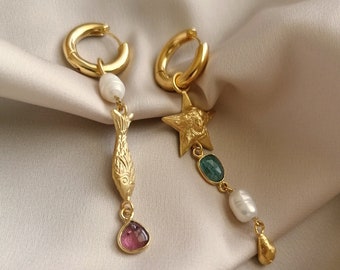 Ancient inspired asymmetric hoop earrings with pearls and a blue and red turmalines bathed in gold or silver, made by hand in Paris, France