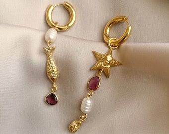 Ancient inspired asymmetric hoop earrings with pearls and red turmalines bathed in gold or silver, made by hand in Paris, France