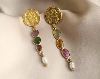 Ancient jewelry inspired earrings with three turmalines, pearls and a roman coin reproduction, bathed in gold or silver, made by hand