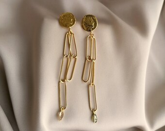 Long dangling earrings with a roman coin bathed in 24k gold, made by hand in Paris, France