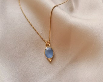 Cute but elegant fine blue chalcedony pendant necklace , bathed in 24k gold or silver, handmade in Paris, France