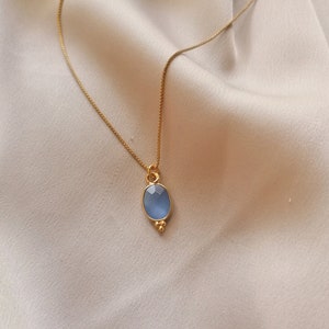 Cute but elegant fine blue chalcedony pendant necklace , bathed in 24k gold or silver, handmade in Paris, France image 1