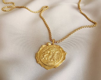 Vintage style lion coin charm necklace bathed in 24k gold or silver made by hand in Paris, France