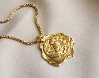 Vintage style ancient greek coin charm necklace bathed in 24k gold or silver made by hand in Paris, France