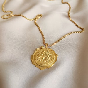 Vintage style lion coin charm necklace bathed in 24k gold or silver made by hand in Paris, France