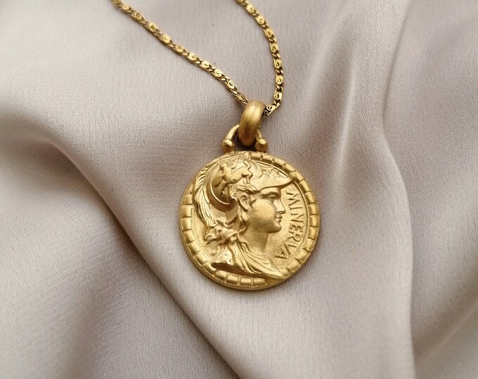 Big Goddess Minerva Vintage Coin Necklace, Bathed in Gold or Palladium
