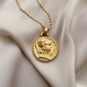 Big Goddess Minerva vintage coin necklace, bathed in gold or palladium, handmade in Paris, France image 1