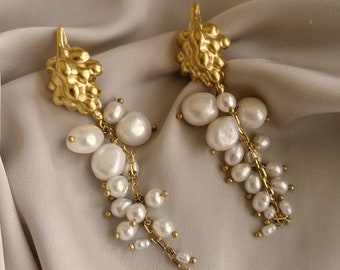 Beautiful dangling earrings with a cascade of pearls and a vintage bunch of grapes, bathed in gold or silver, made by hand in Paris, France