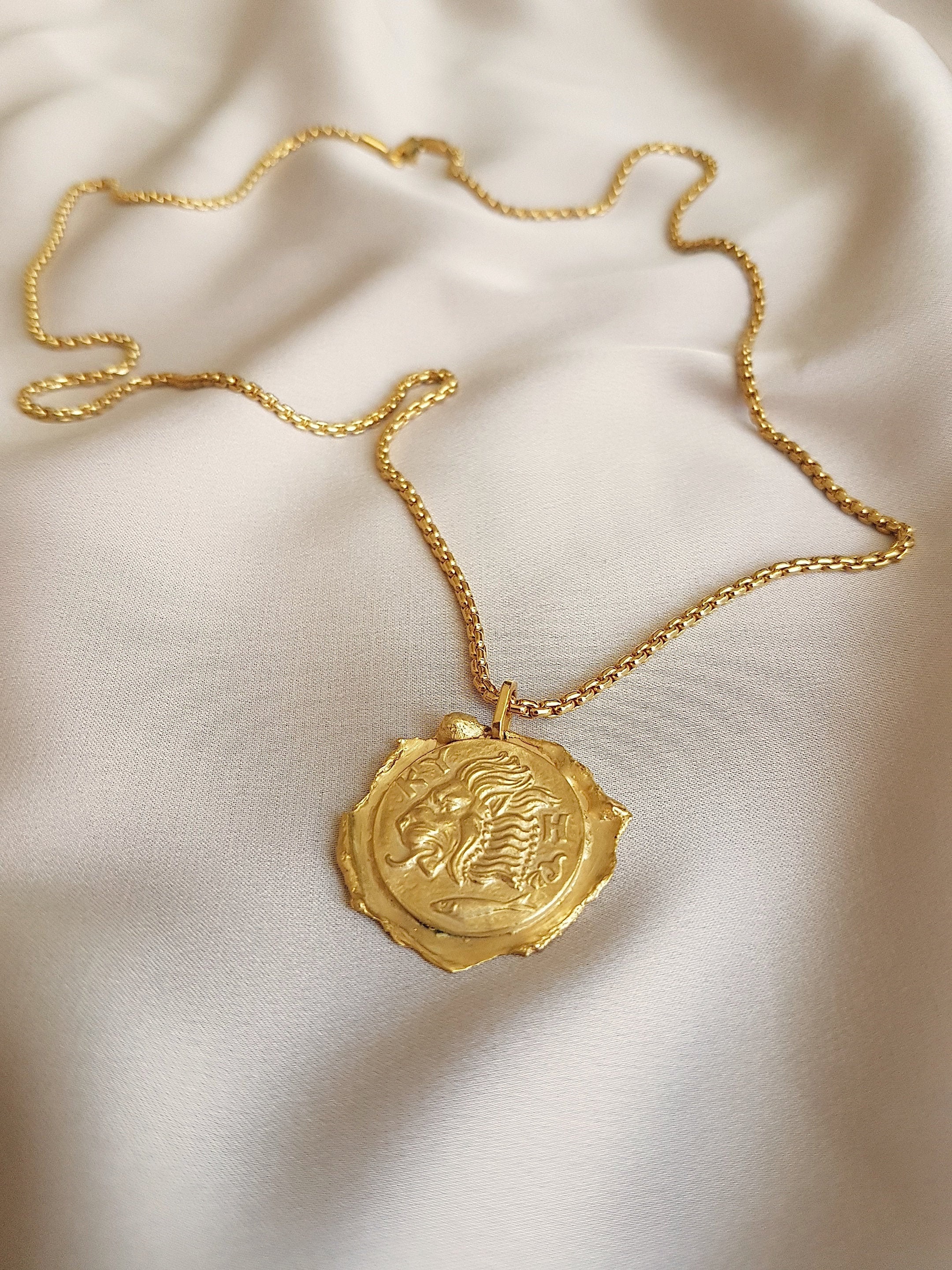 Vintage style lion coin charm necklace bathed in 24k gold or silver made by hand in Paris, France